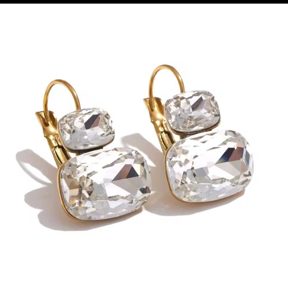 White Crystal Drop Earrings – Gold-Plated Stainless Steel - Picture 1 of 6